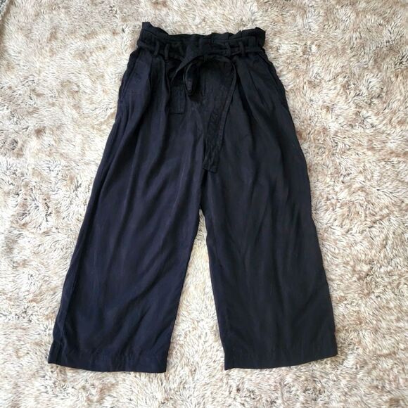 Zara Basic Z1975 Denim Wide Leg Cropped Paperbag Waist Pants Black Size 4 - Picture 1 of 10